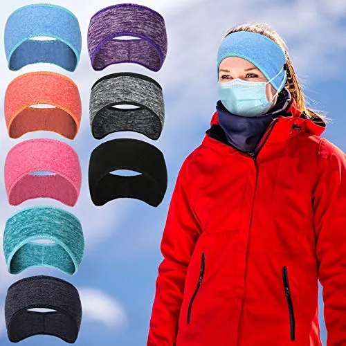 8 Pieces Ear Warmer Headbands with Buttons Fleece Muffs Headband Winter Running Sweatband Stretchy Ear Cover Cold Weather Ear Muffs Sports Earmuff for Women Men Cycling Skiing Jogging (Vivid Colors)