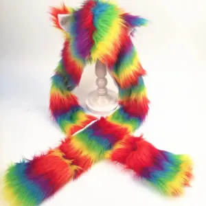 Adult Rainbow Stripes Furry Animal Hat & Mittens