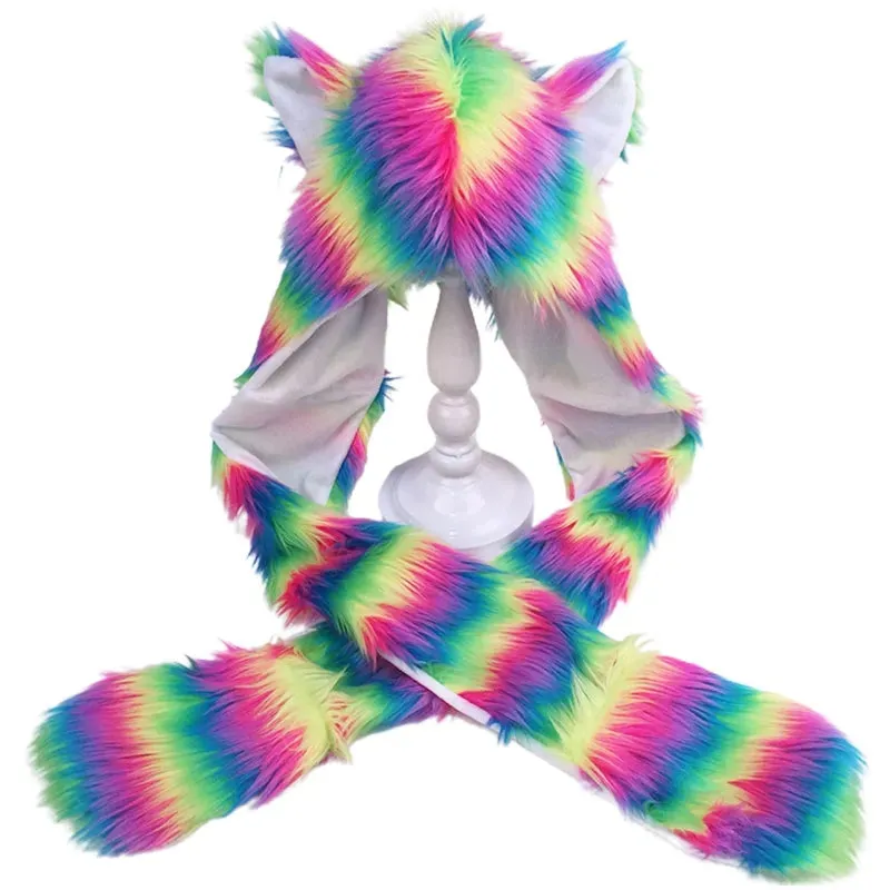 Adult Rainbow Stripes Furry Animal Hat & Mittens