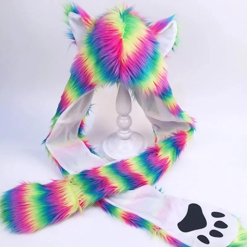 Adult Rainbow Stripes Furry Animal Hat & Mittens