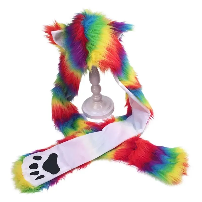 Adult Rainbow Stripes Furry Animal Hat & Mittens