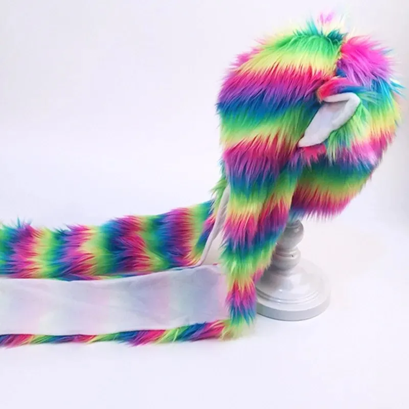 Adult Rainbow Stripes Furry Animal Hat & Mittens