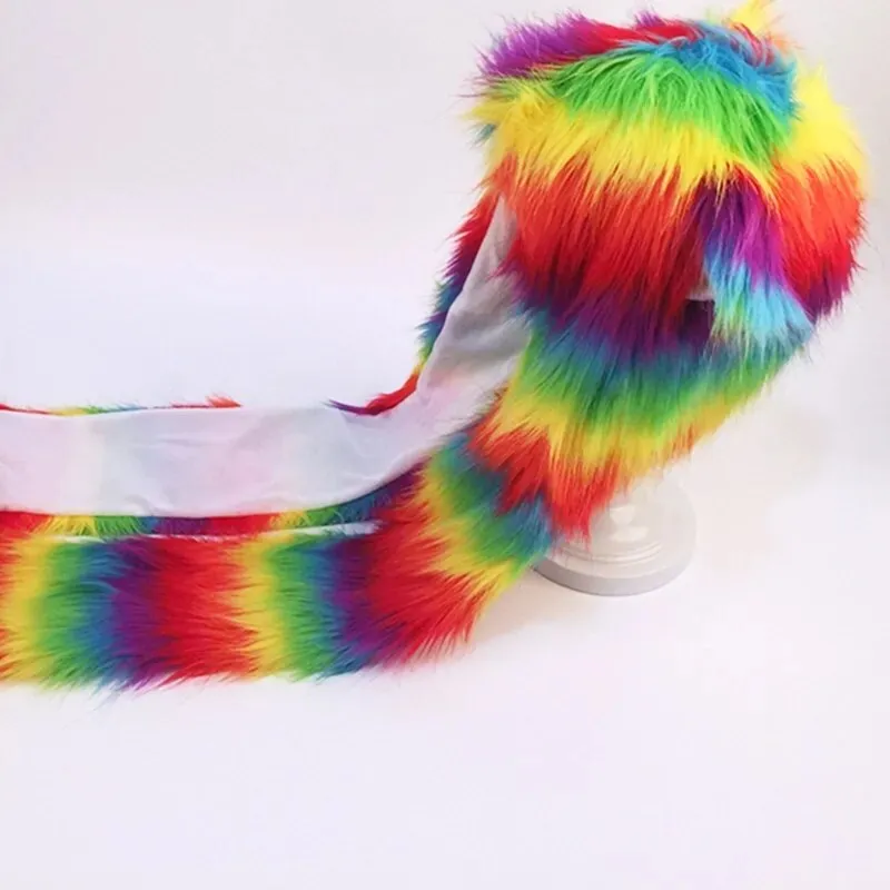 Adult Rainbow Stripes Furry Animal Hat & Mittens