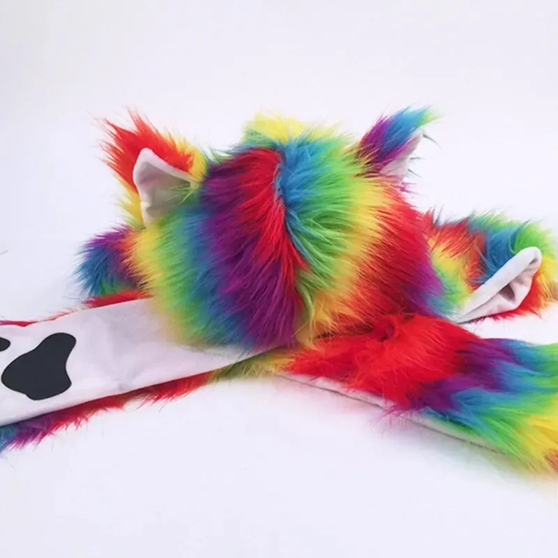 Adult Rainbow Stripes Furry Animal Hat & Mittens