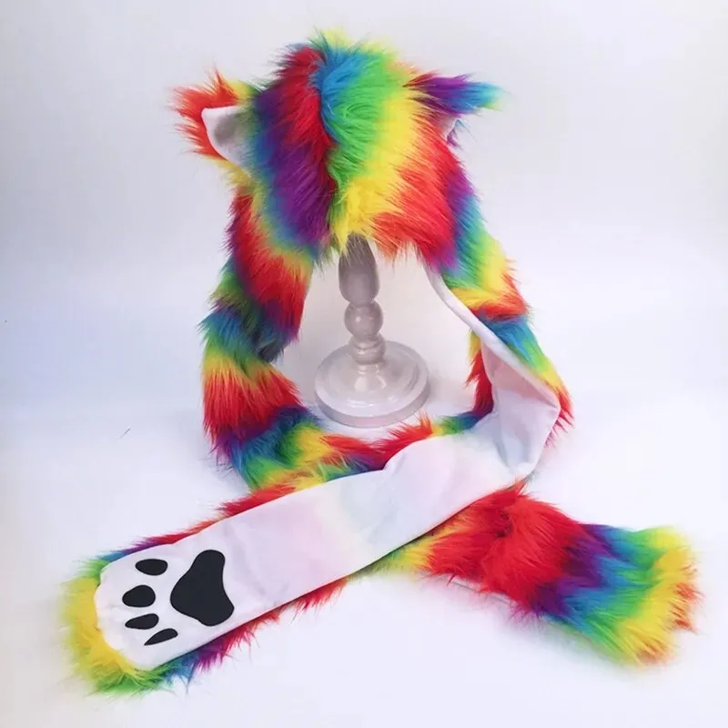 Adult Rainbow Stripes Furry Animal Hat & Mittens