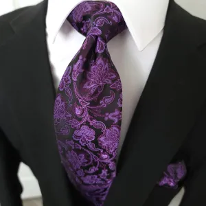 Black Purple Floral Silk Tie Pocket Square Cufflink Set