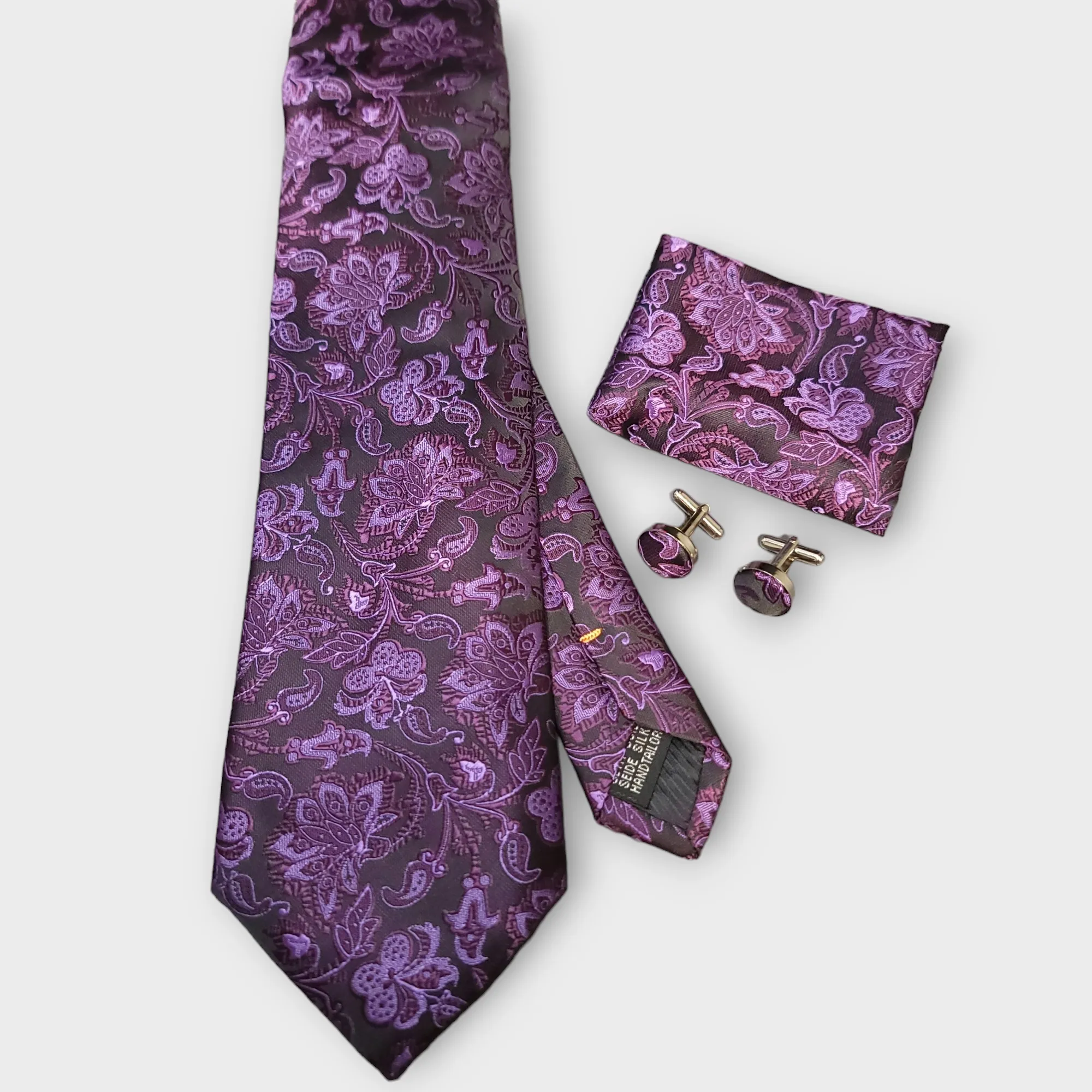 Black Purple Floral Silk Tie Pocket Square Cufflink Set