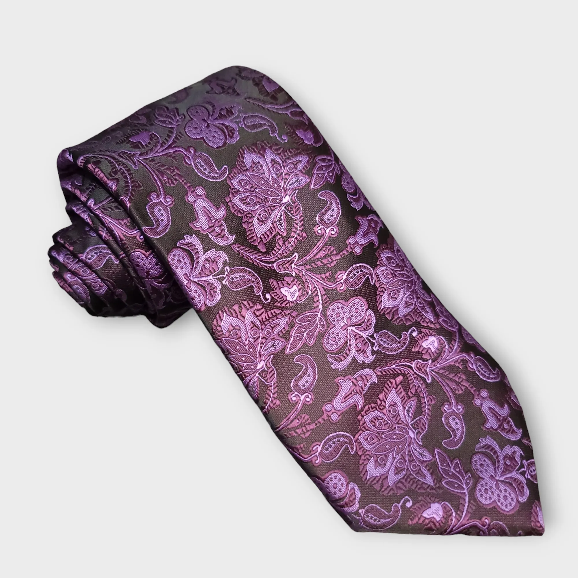 Black Purple Floral Silk Tie Pocket Square Cufflink Set