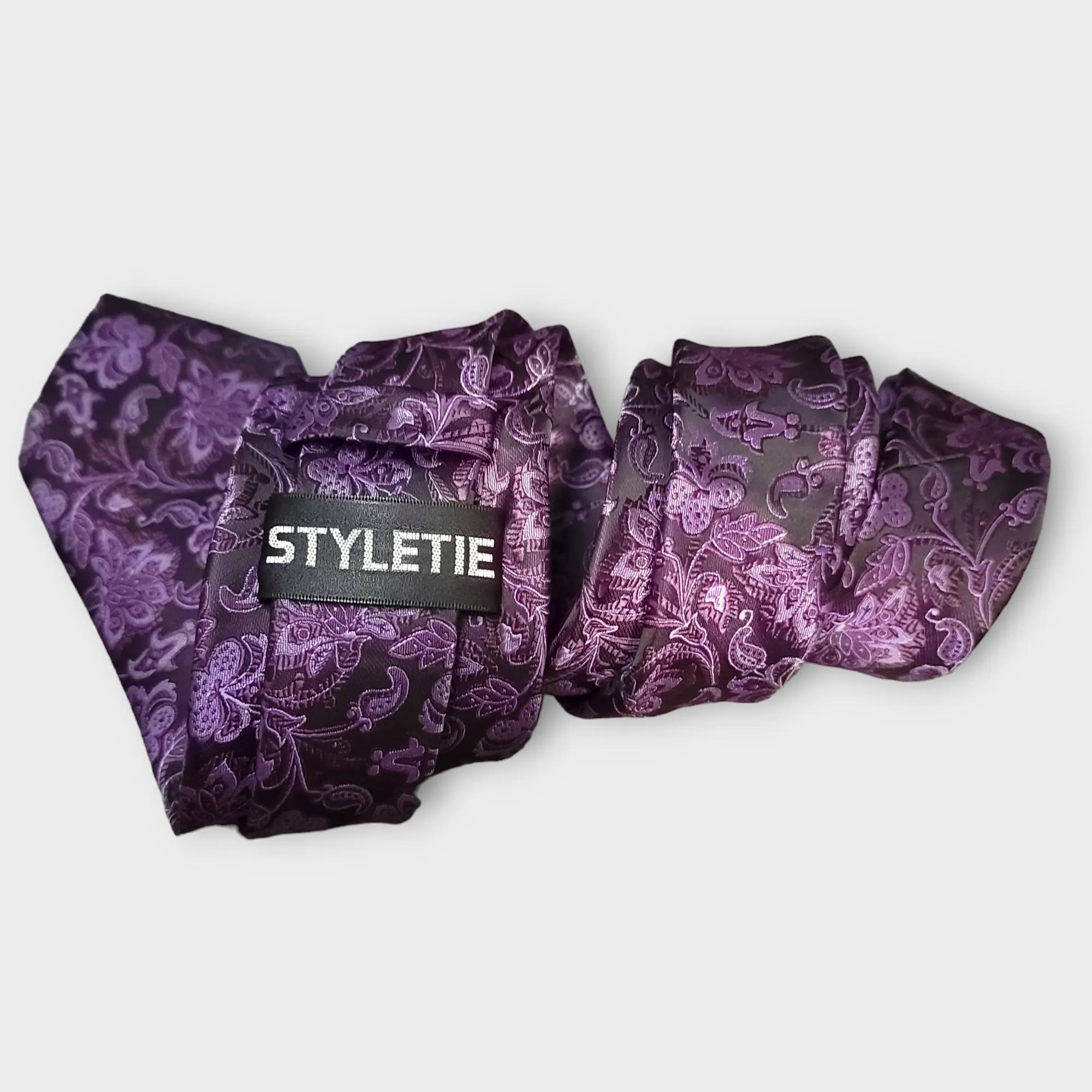 Black Purple Floral Silk Tie Pocket Square Cufflink Set