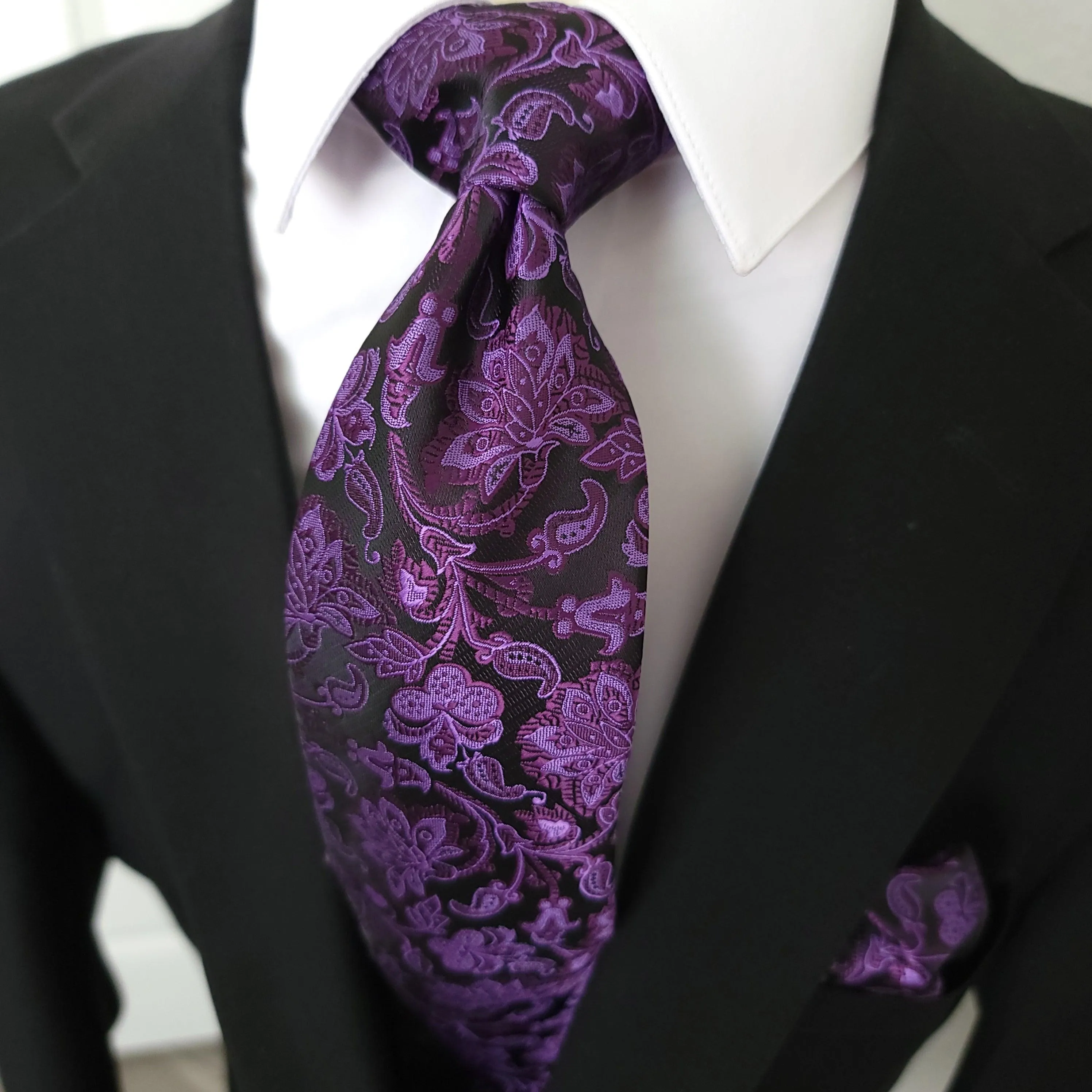 Black Purple Floral Silk Tie Pocket Square Cufflink Set