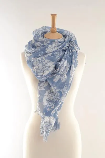 Blue Hibiscus Print Scarf