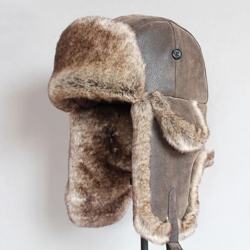 Bomber Hats Winter Men Warm Russian Ushanka Hat with Ear Flap Pu Leather  Fur Trapper Cap  Earflap