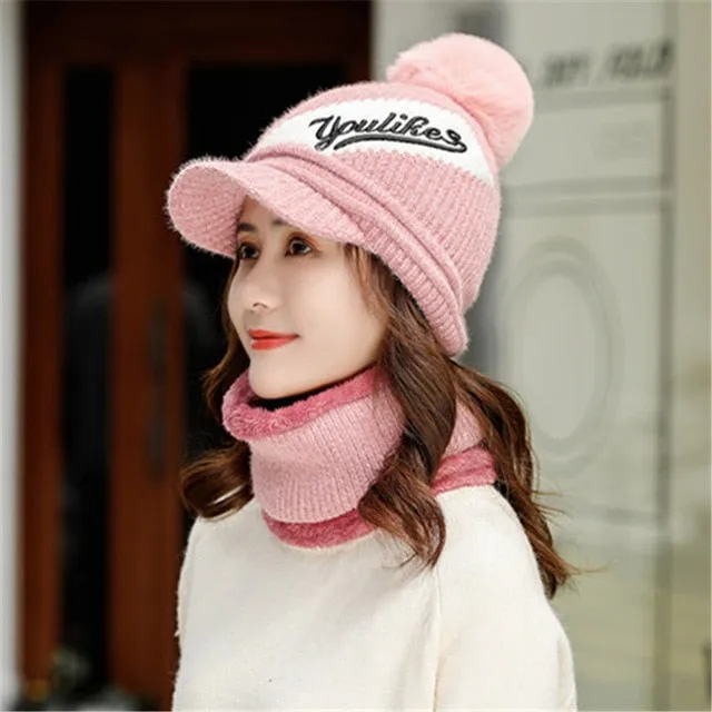 Brim Fashion Plus Velvet Woolen Outdoor Knitted Warm Winter Cap