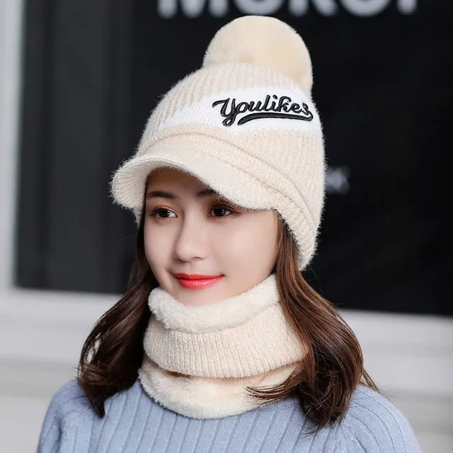 Brim Fashion Plus Velvet Woolen Outdoor Knitted Warm Winter Cap