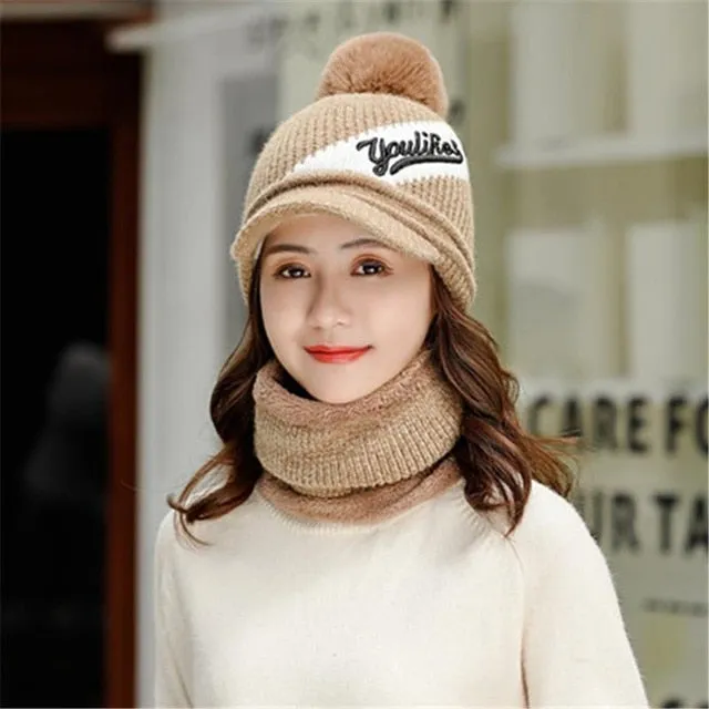 Brim Fashion Plus Velvet Woolen Outdoor Knitted Warm Winter Cap