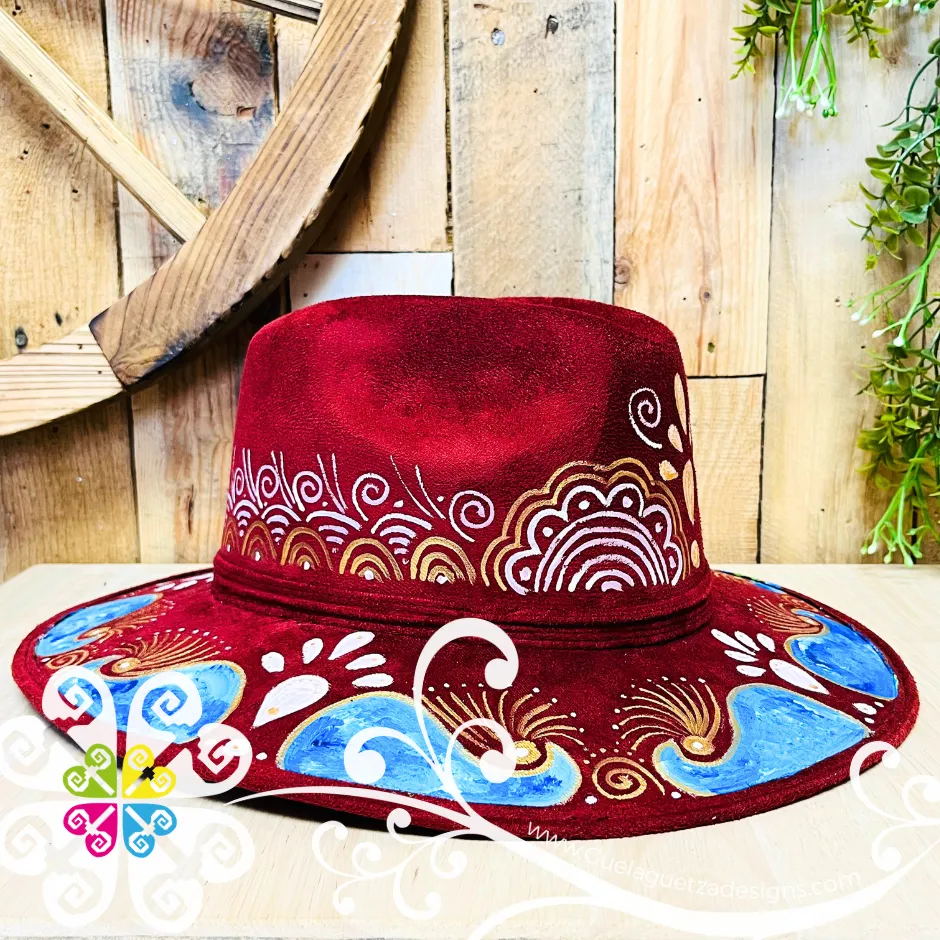 Burgandy Indiana Mitla Velvet Hat - Hand Painted Hat