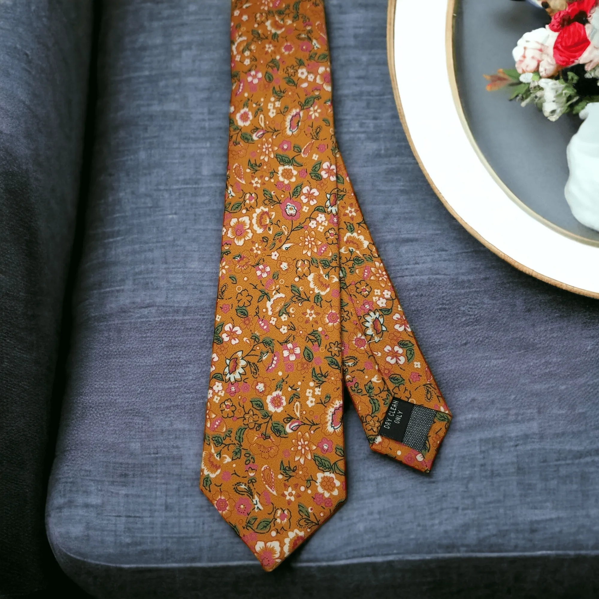 Burnt Orange Leaf Floral Slim Tie