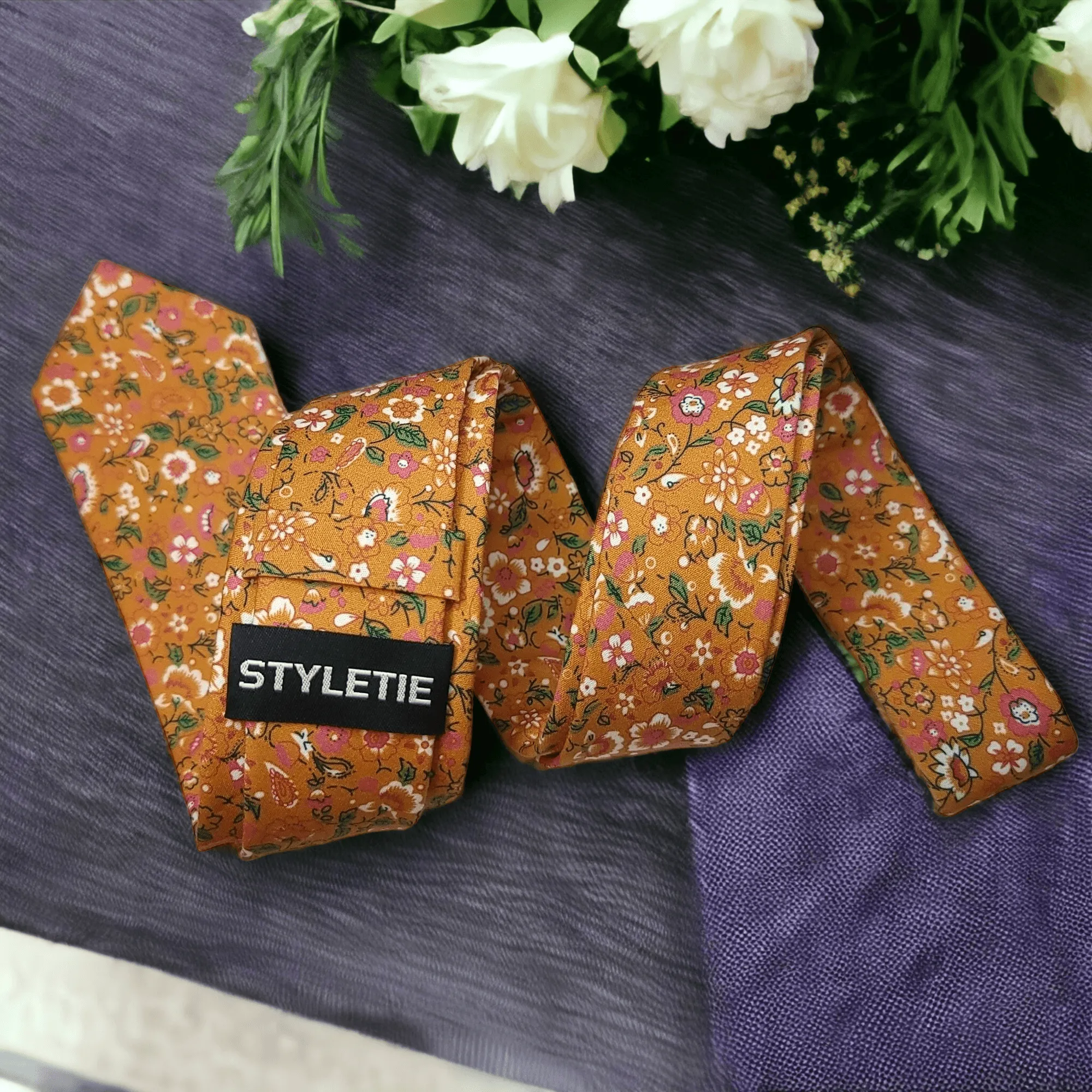 Burnt Orange Leaf Floral Slim Tie