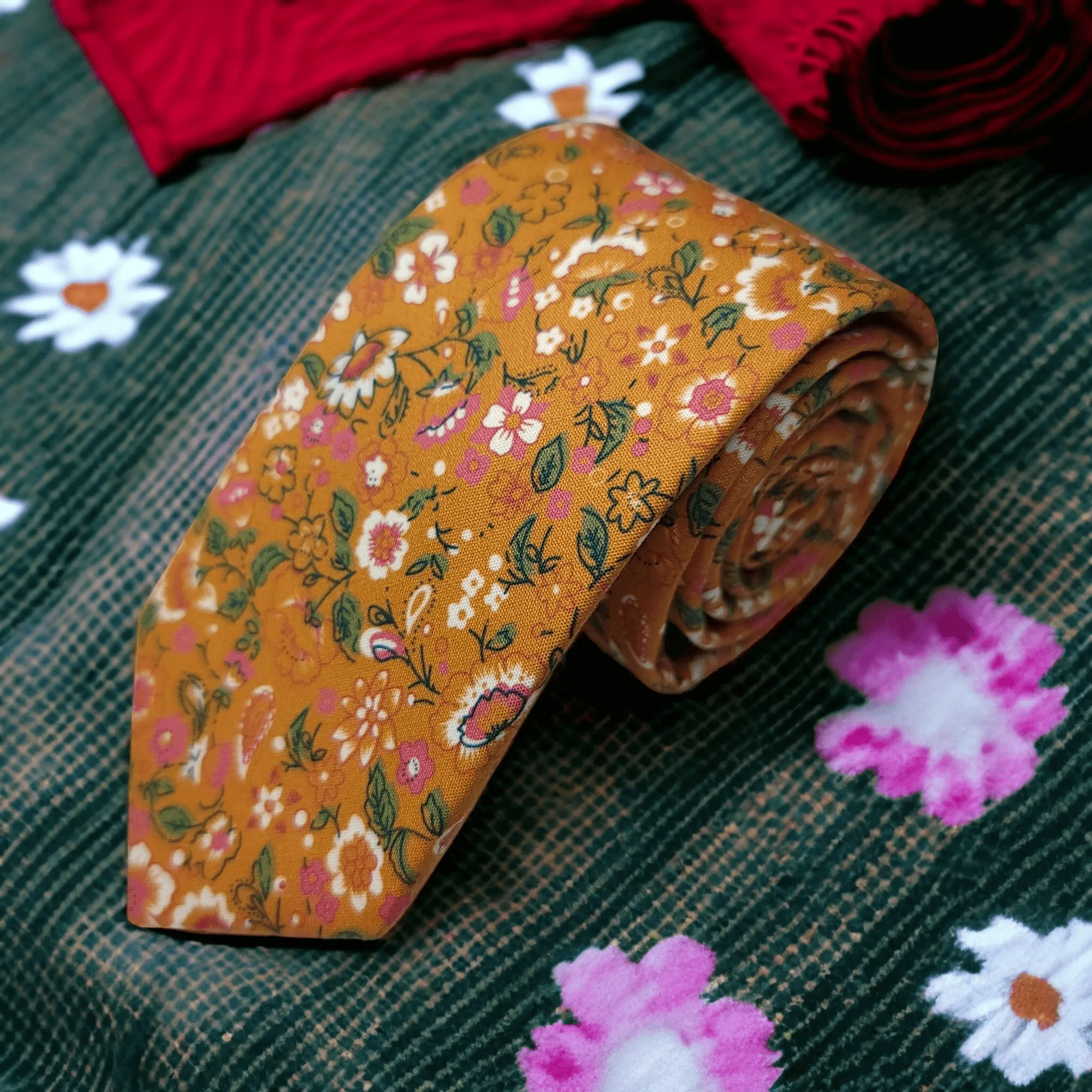 Burnt Orange Leaf Floral Slim Tie