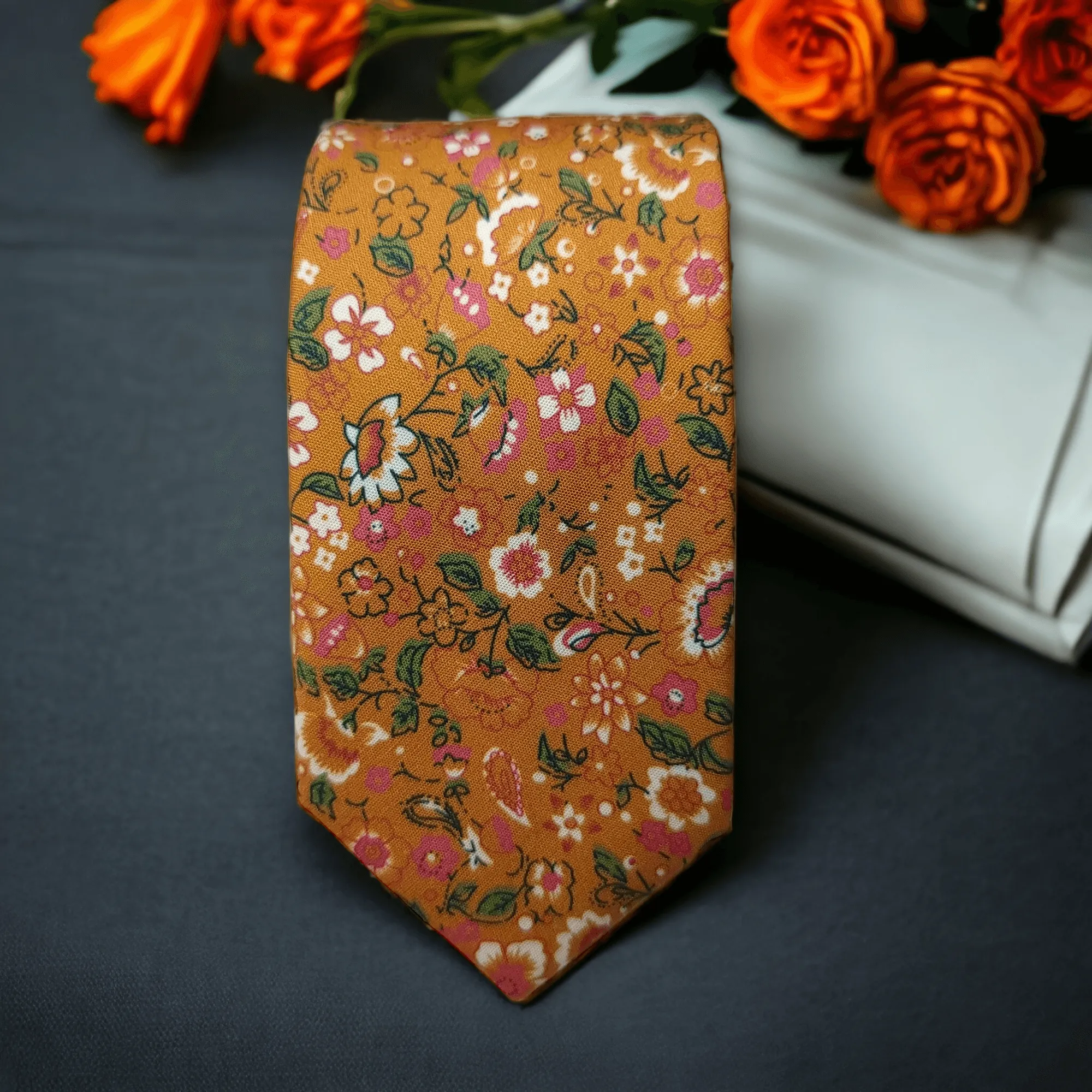 Burnt Orange Leaf Floral Slim Tie