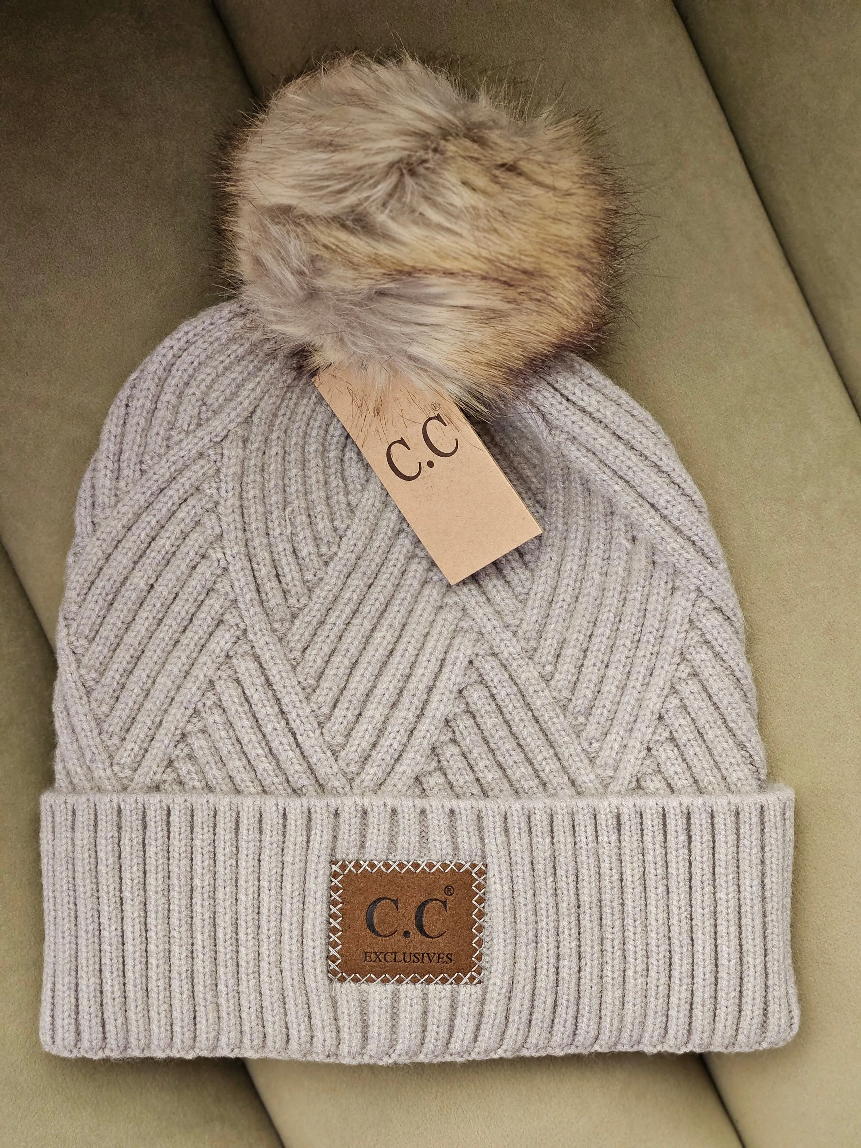 C.C Beanie Pom Hat in Diagonal Stripes Criss Cross Pattern - Light Beige or Warm Grey