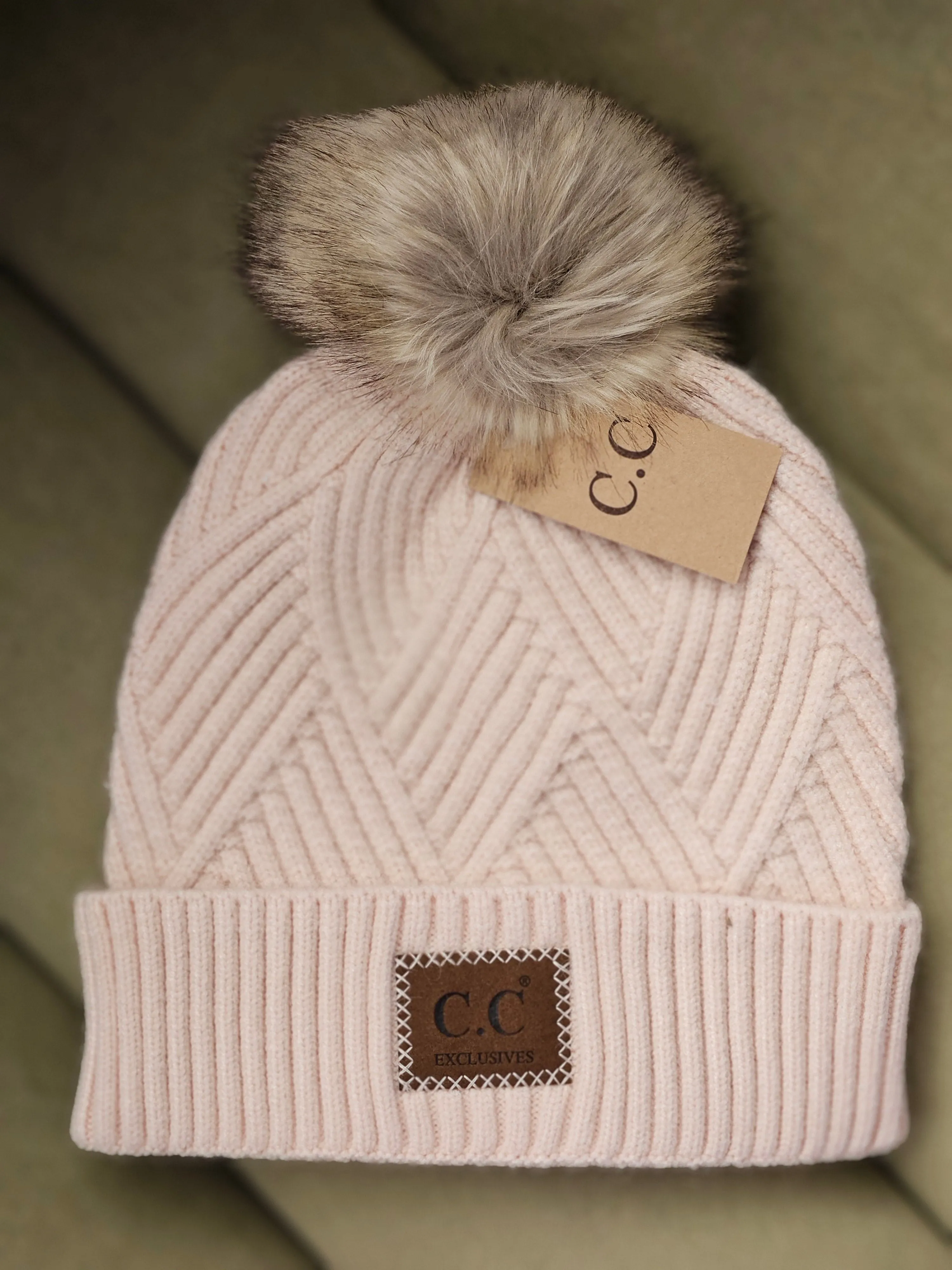 C.C Beanie Pom Hat in Diagonal Stripes Criss Cross Pattern - Light Beige or Warm Grey