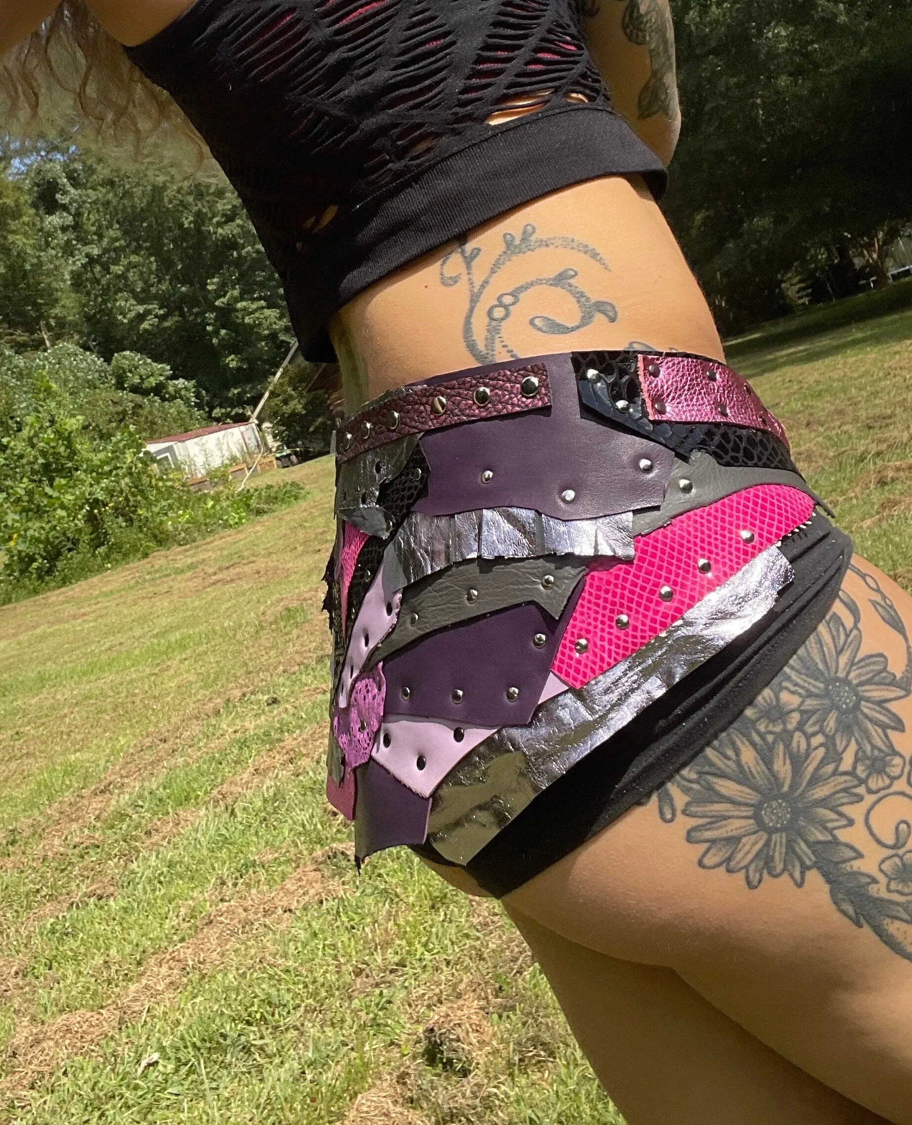 CENTER STAGE, Stand out with style! Vibrant Pink and Purple Leather Rave Skirt for Burning Man and beyond