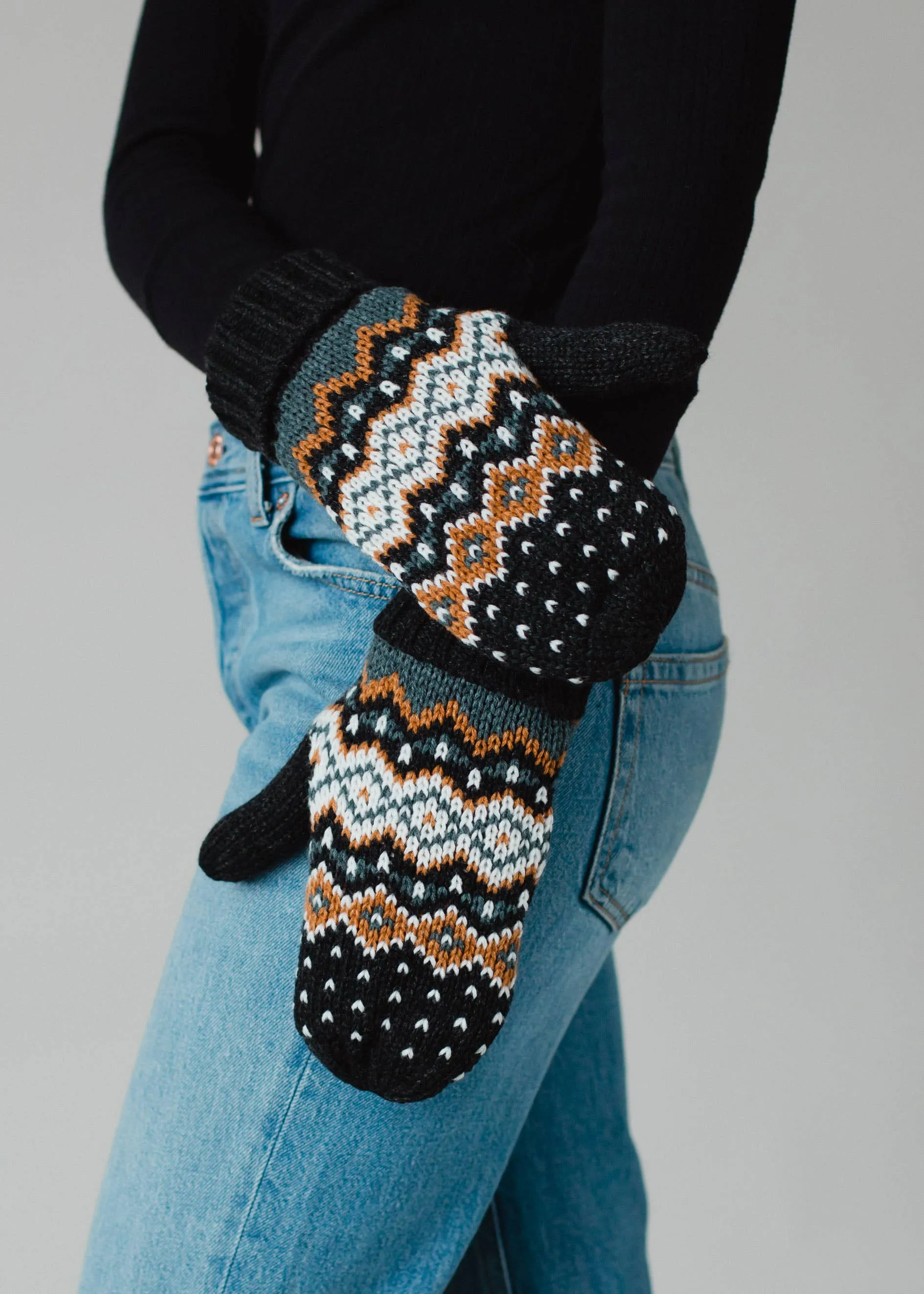 Dark Gray, White, Mustard & Blue Patterned Mittens