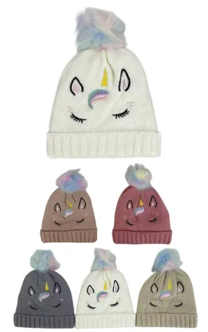 DBHK3929 Kids Unicorn Face Winter Knit PomPom Hats