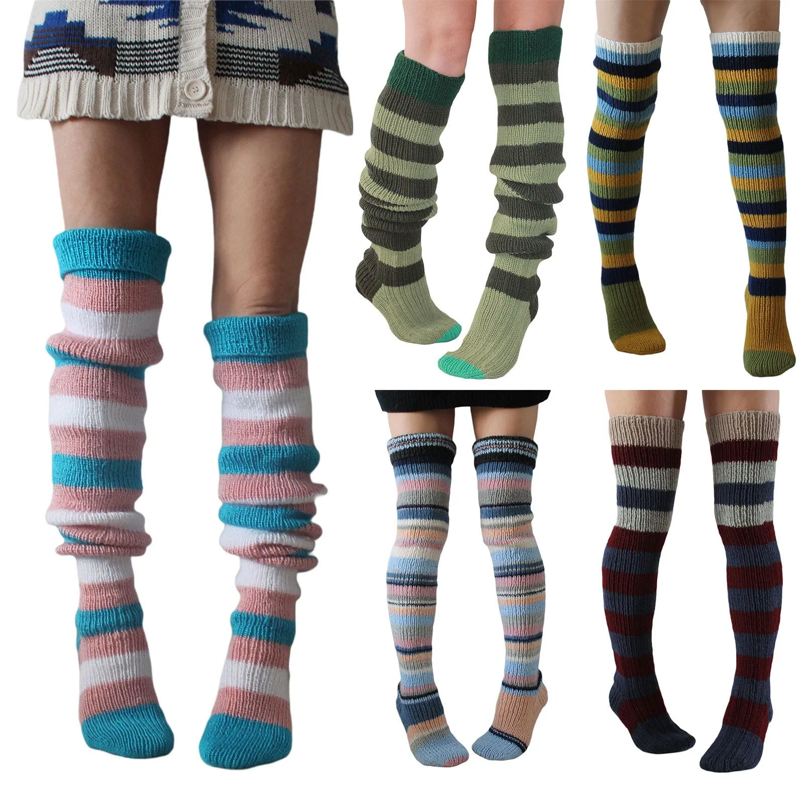 Fashion Y2K Striped Long Knee-high Knitted Pile Of Socks For Women