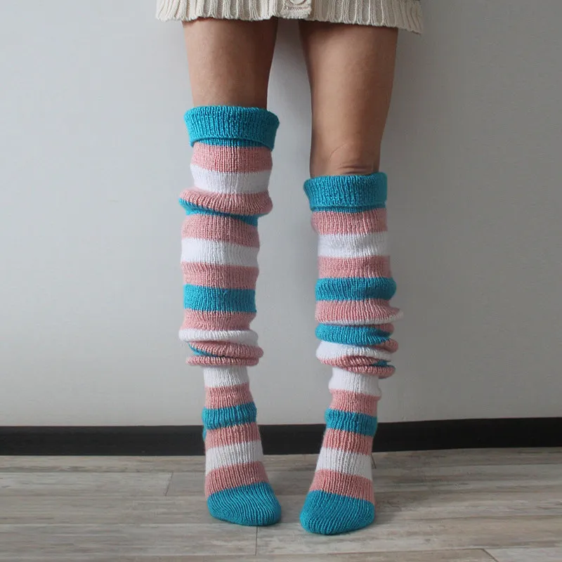 Fashion Y2K Striped Long Knee-high Knitted Pile Of Socks For Women