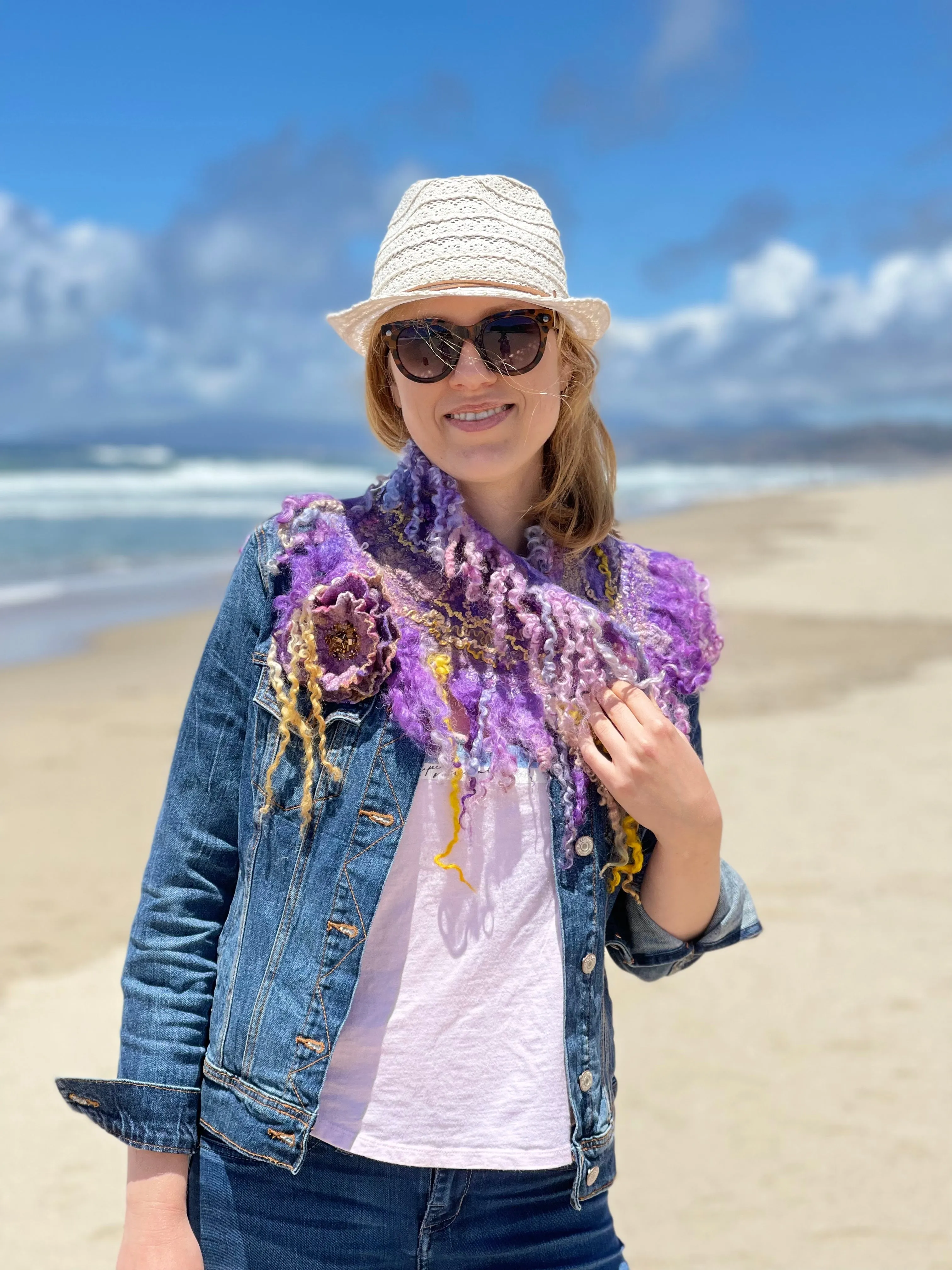 Felted Fashion Collar with Hand Dyed Sheep Locks, Handmade Wool Felted Necklace