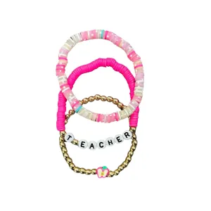 Fimo Beaded Teacher Pink & Gold Bracelet Set - 3 Pack Set