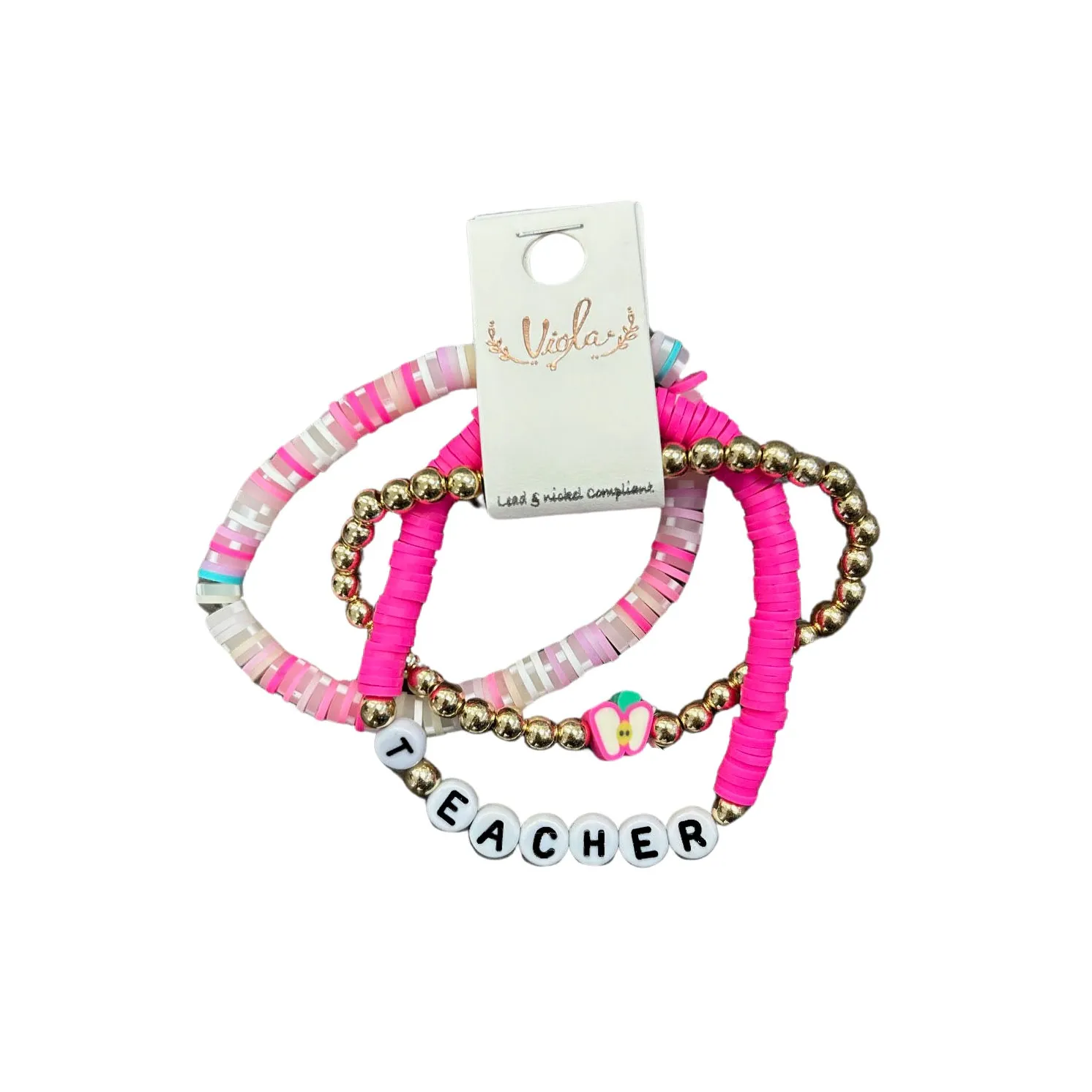 Fimo Beaded Teacher Pink & Gold Bracelet Set - 3 Pack Set