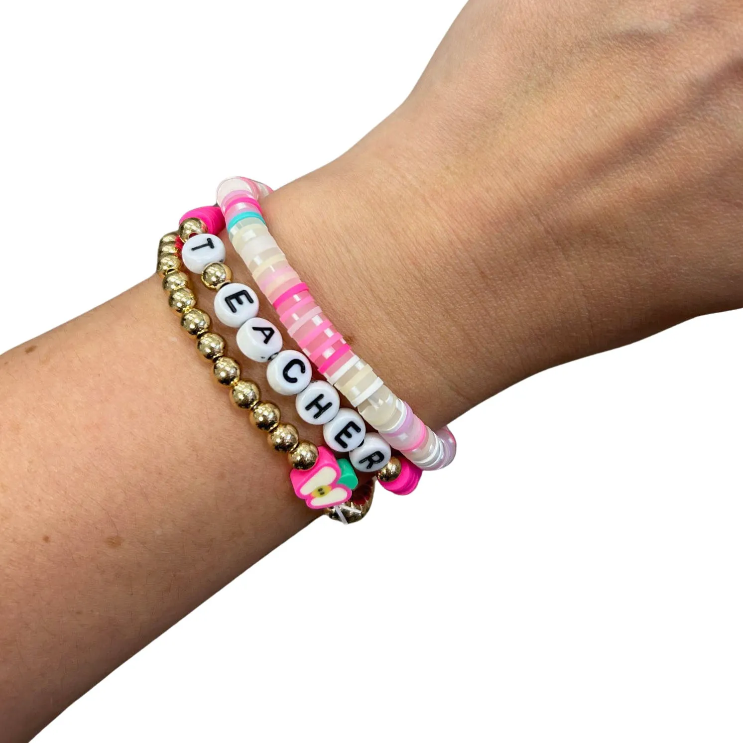 Fimo Beaded Teacher Pink & Gold Bracelet Set - 3 Pack Set