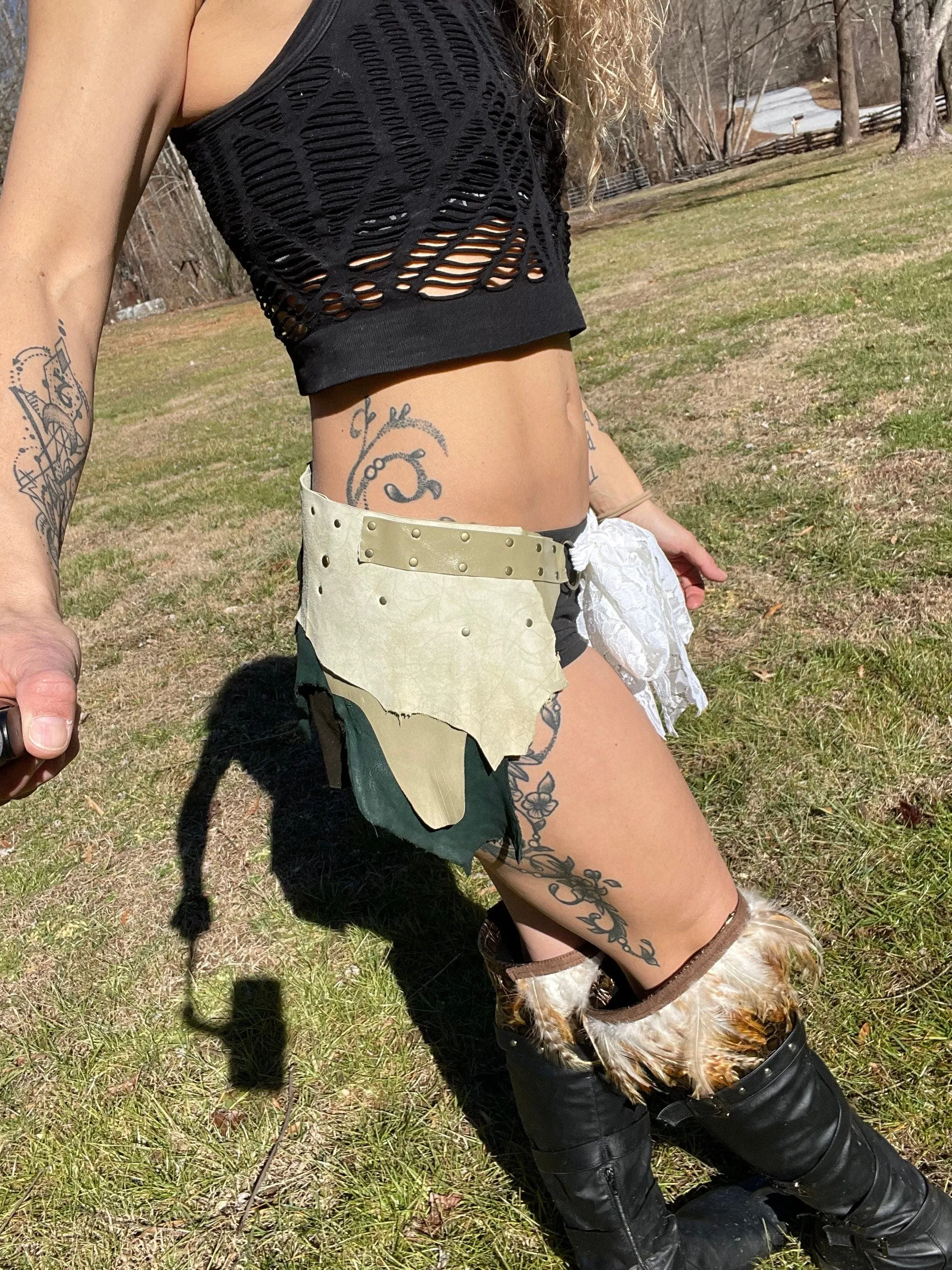 GREEN GRASS, Leather Patchwork Skirt, Steampunk Belt, Viking Costume, Warrior Belt, Burning Man Belt