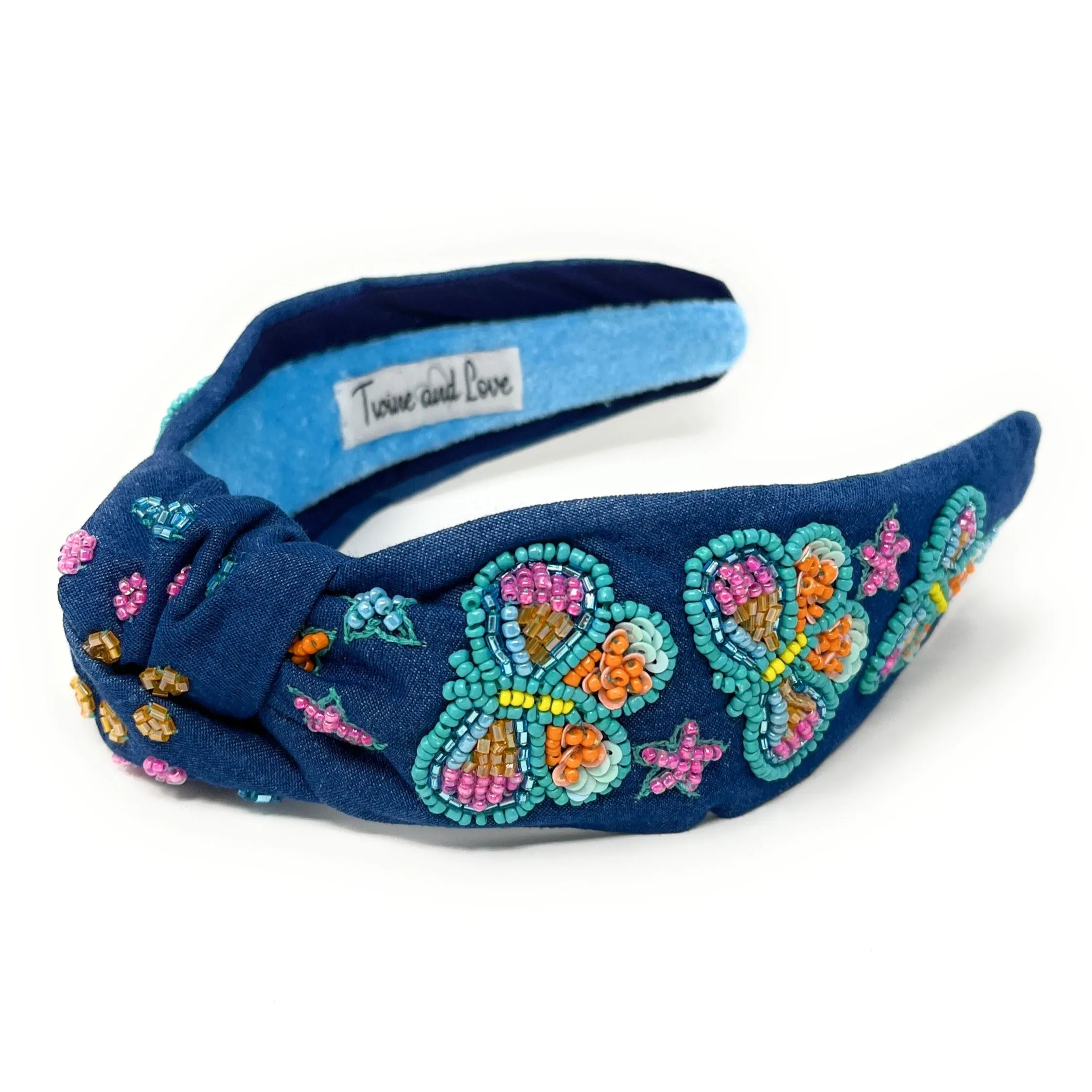 Hand Beaded Butterfly Denim Knot Headband