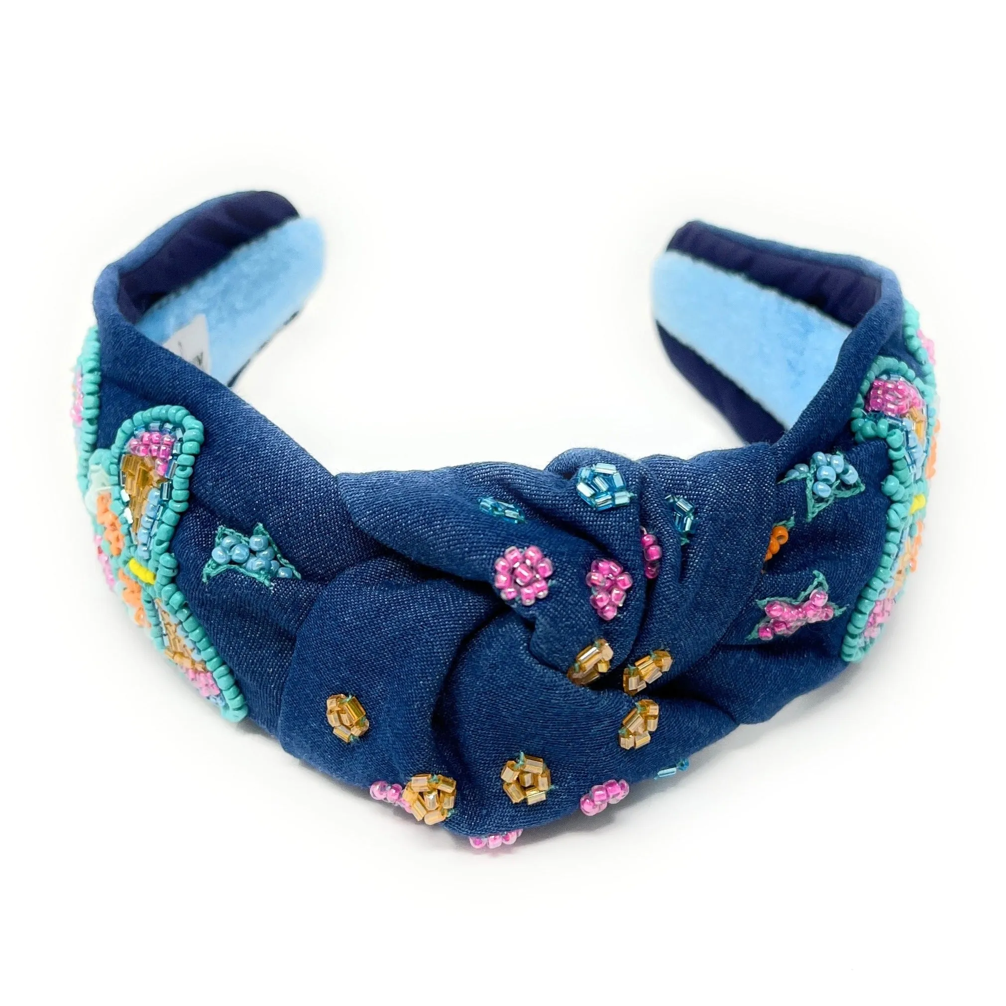 Hand Beaded Butterfly Denim Knot Headband