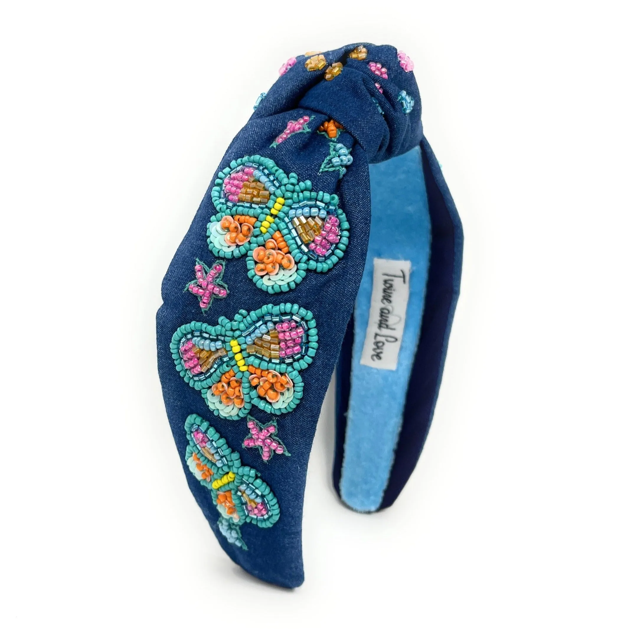 Hand Beaded Butterfly Denim Knot Headband