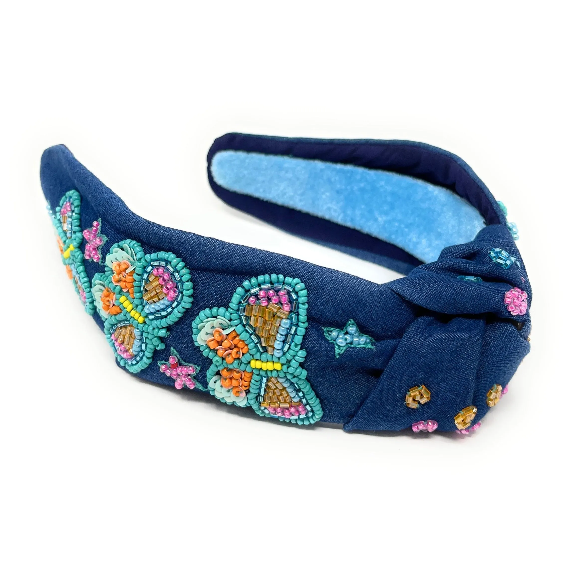 Hand Beaded Butterfly Denim Knot Headband