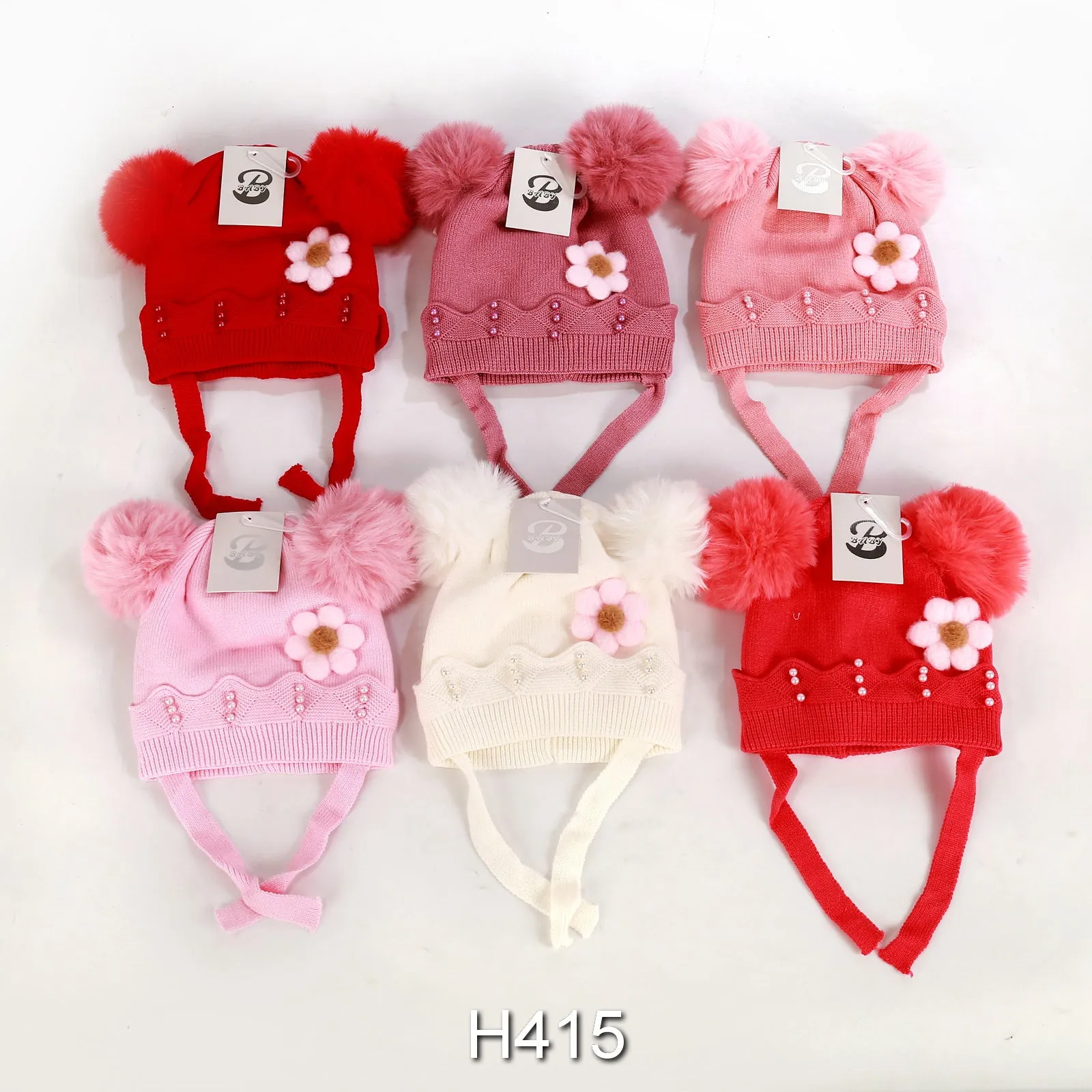 Kids Girls Flower Winter Warm Hats Caps Lining W/Two Poms, H415