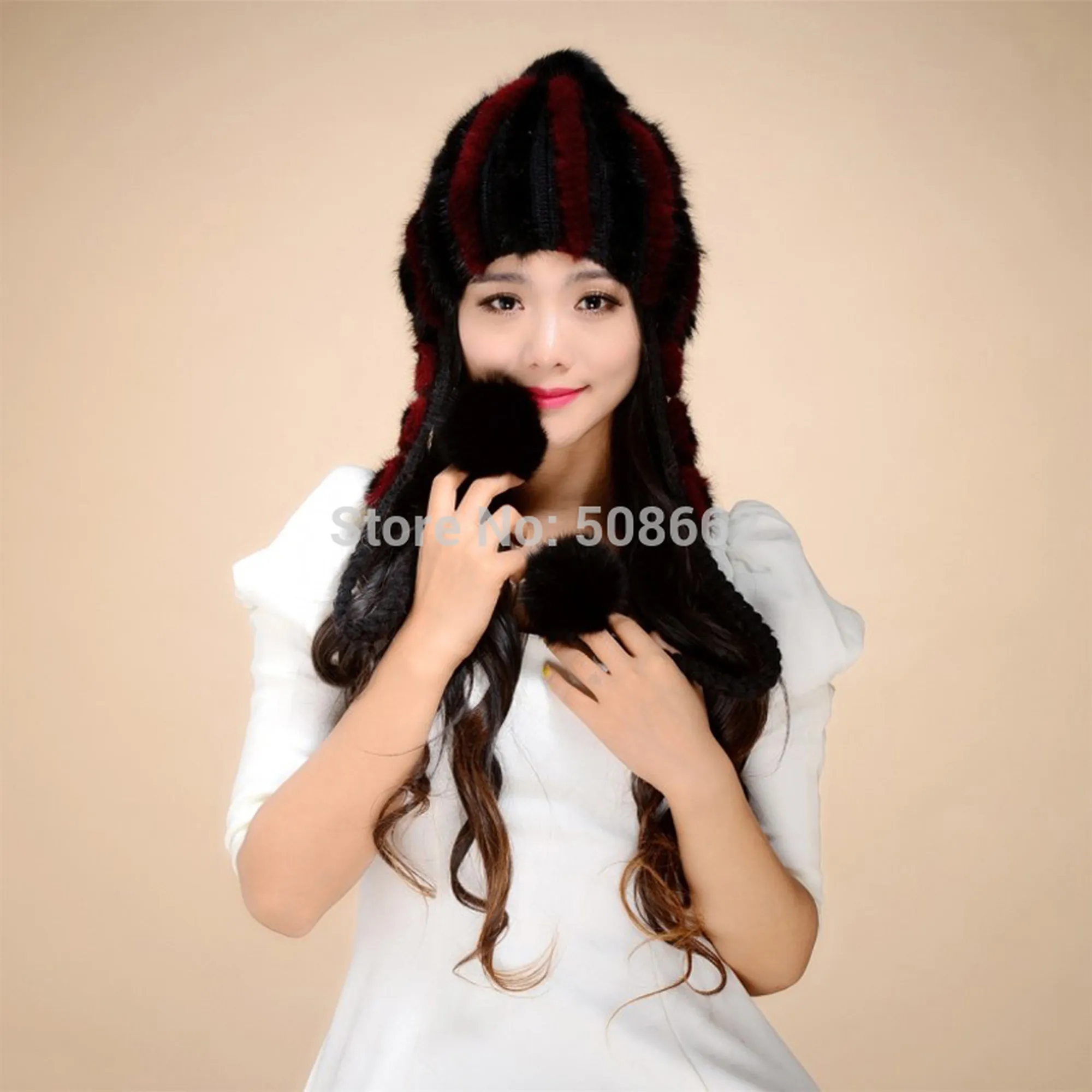 Knitted Real Mink Fur Hat Fur Cap Mink Fur Flower Decoration Beanie Hat 14619