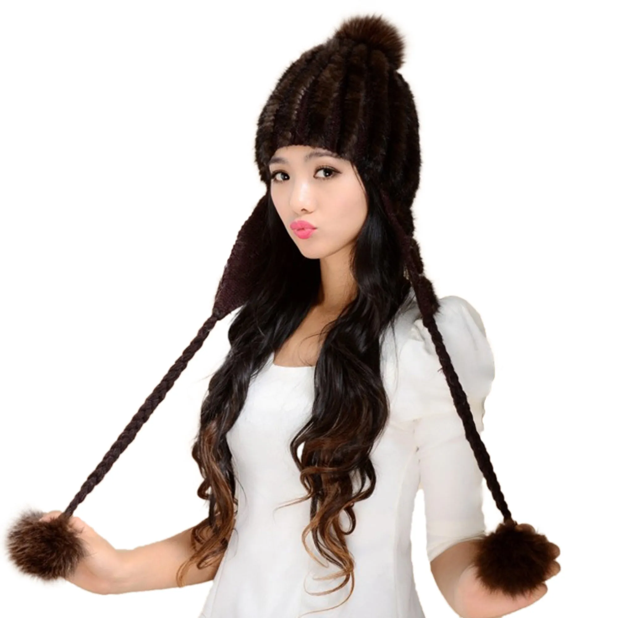 Knitted Real Mink Fur Hat Fur Cap Mink Fur Flower Decoration Beanie Hat 14619