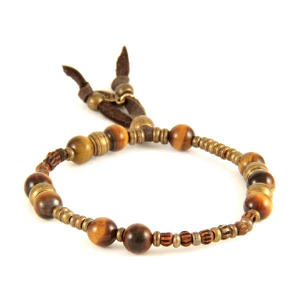 Mens Tiger's Eye Semi Precious Stones and Tiny Bone Bead Stretch Bracelet