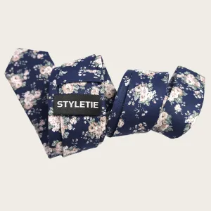 Navy Blue Smoke White Floral Leaf Slim Tie