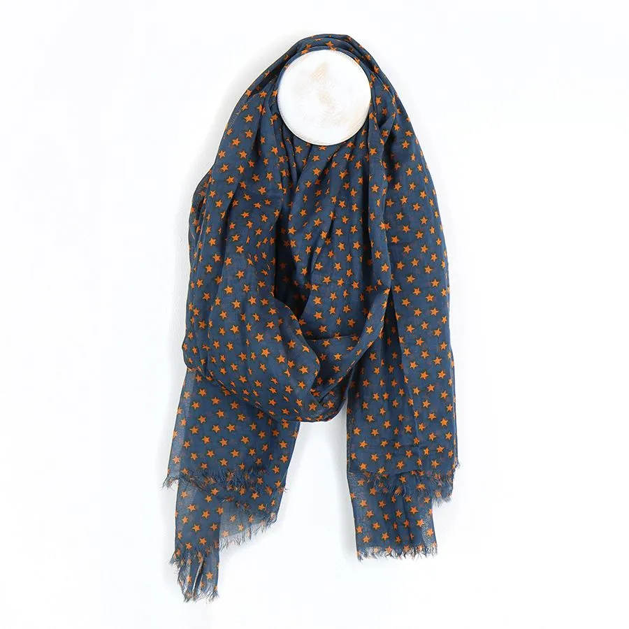 Navy Cotton Scarf With Orange Star Print