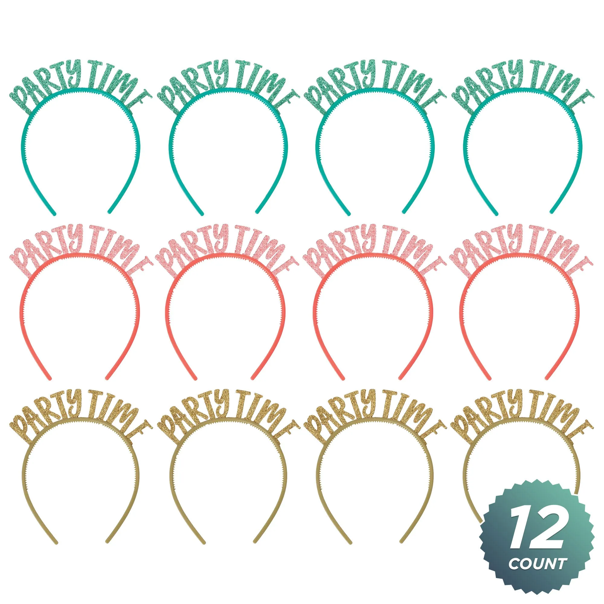 "Party Time" Plastic Headbands With Glitter For Party Favors & Accessories, 12 Count