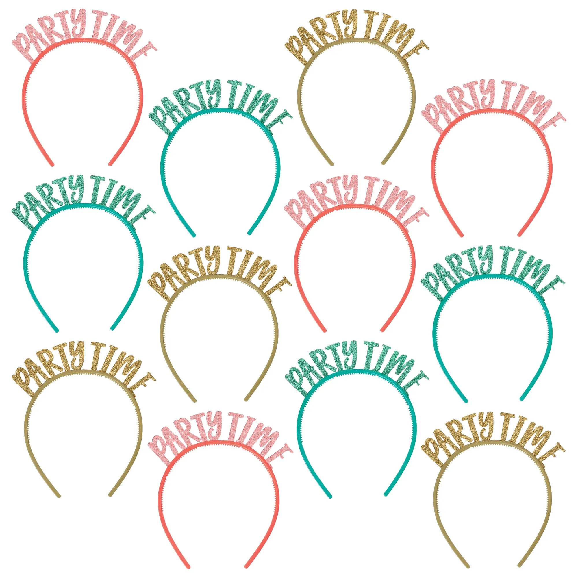 "Party Time" Plastic Headbands With Glitter For Party Favors & Accessories, 12 Count