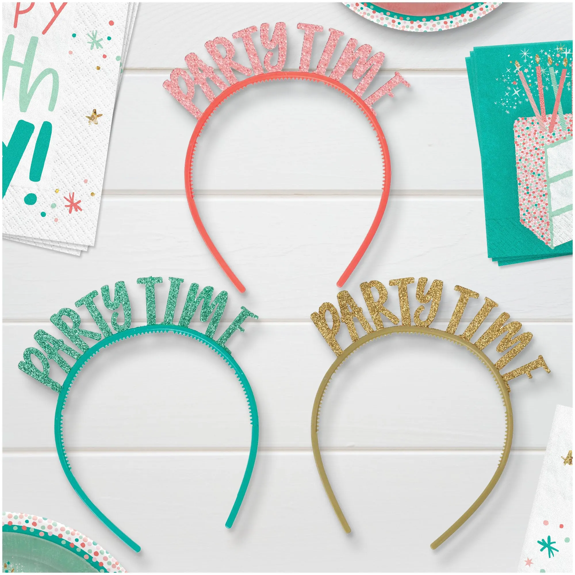 "Party Time" Plastic Headbands With Glitter For Party Favors & Accessories, 12 Count