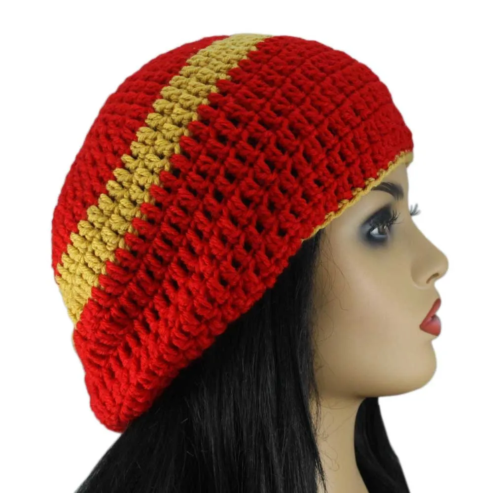 Red and Gold Crochet Beanie Hat Large/XL - STXH21LX